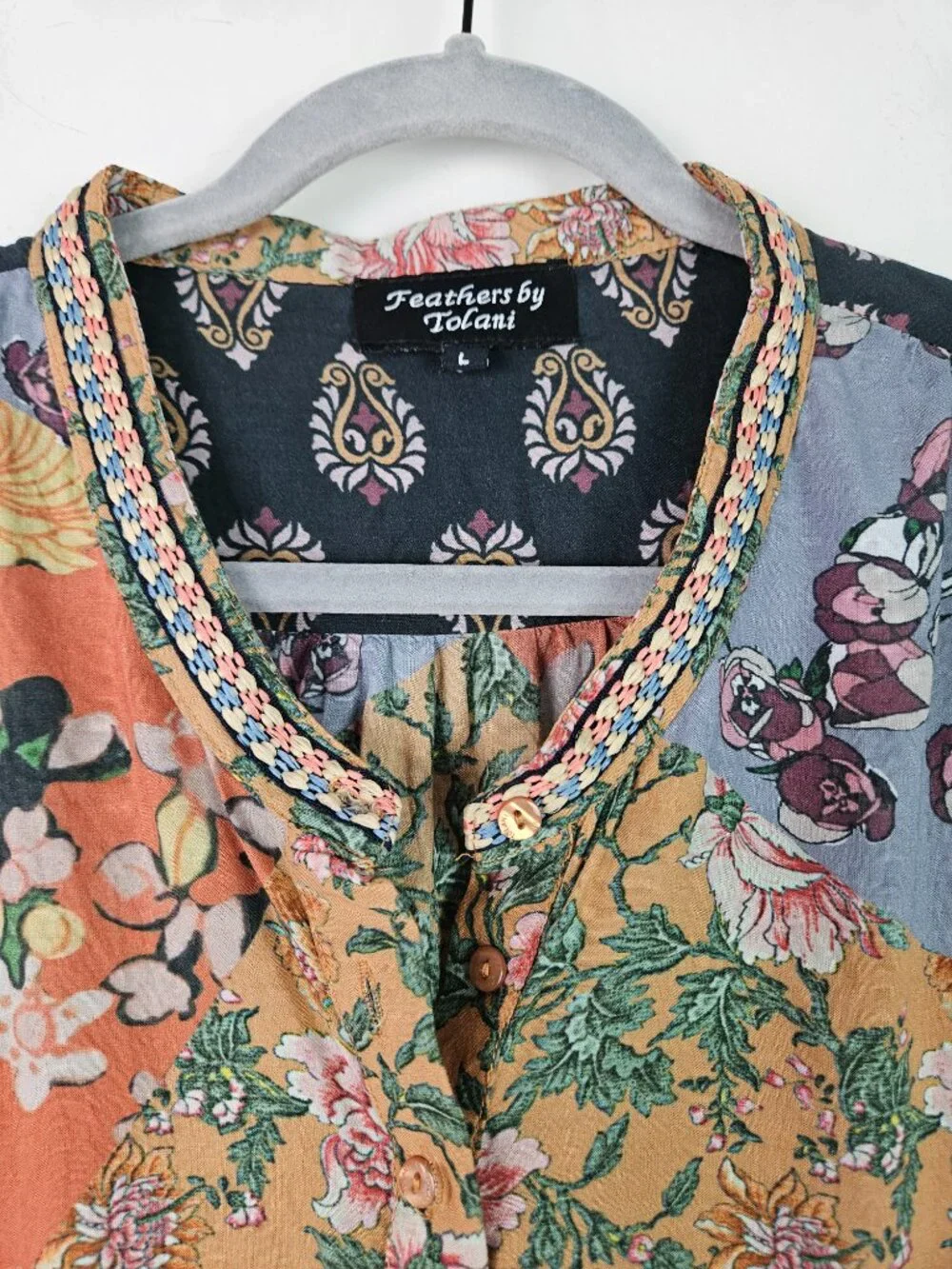 Anthro Feathers by Tolani Alex Mixed Print Floral Panel Embroidered Peasant Top